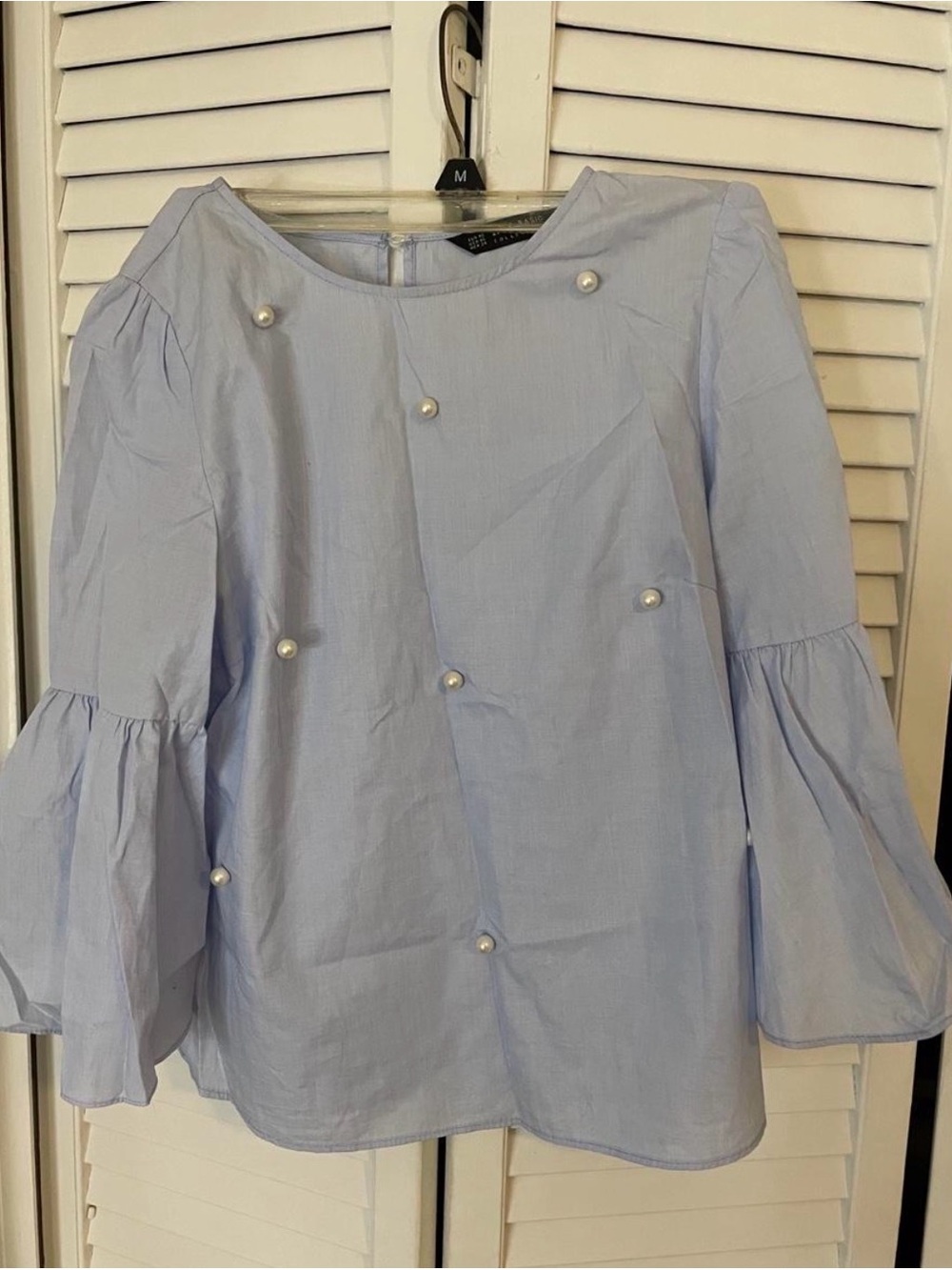 Zara Light Blue Pearl-Accent Bell Sleeve Blouse